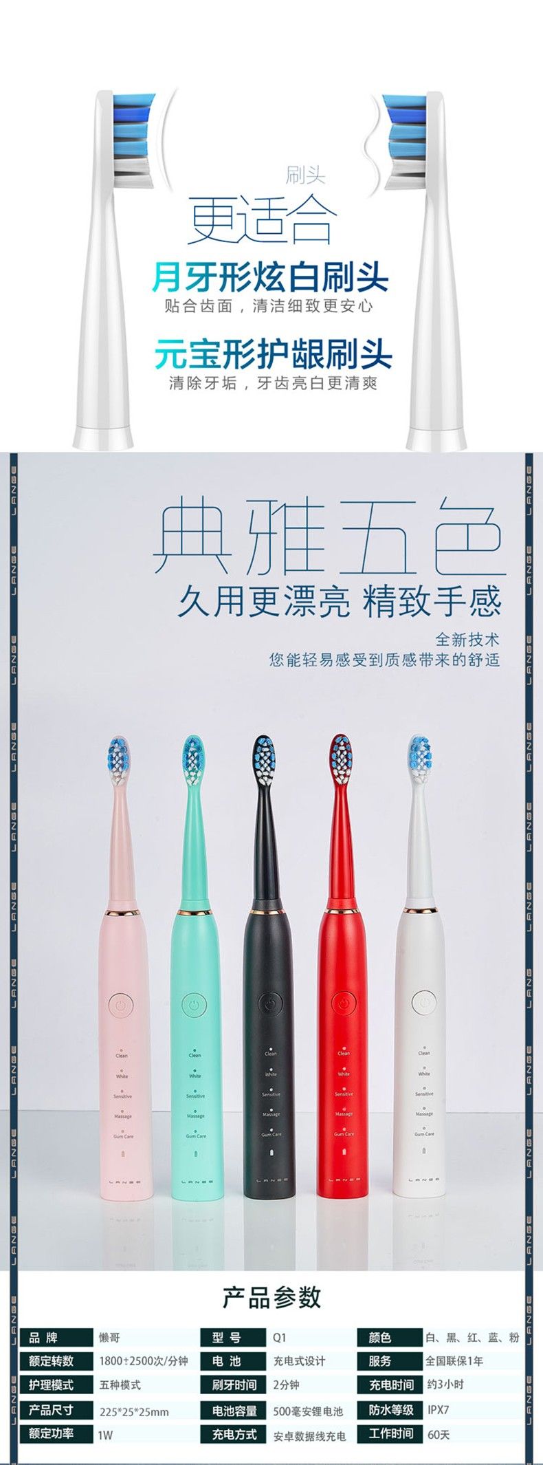 Lazy Brother Sonic Electric Toothbrush Q1 Generation Intelligent Waterproof Whitening Cleaning Mouth Guard Gift Wholesale A Replacement Specification drawing