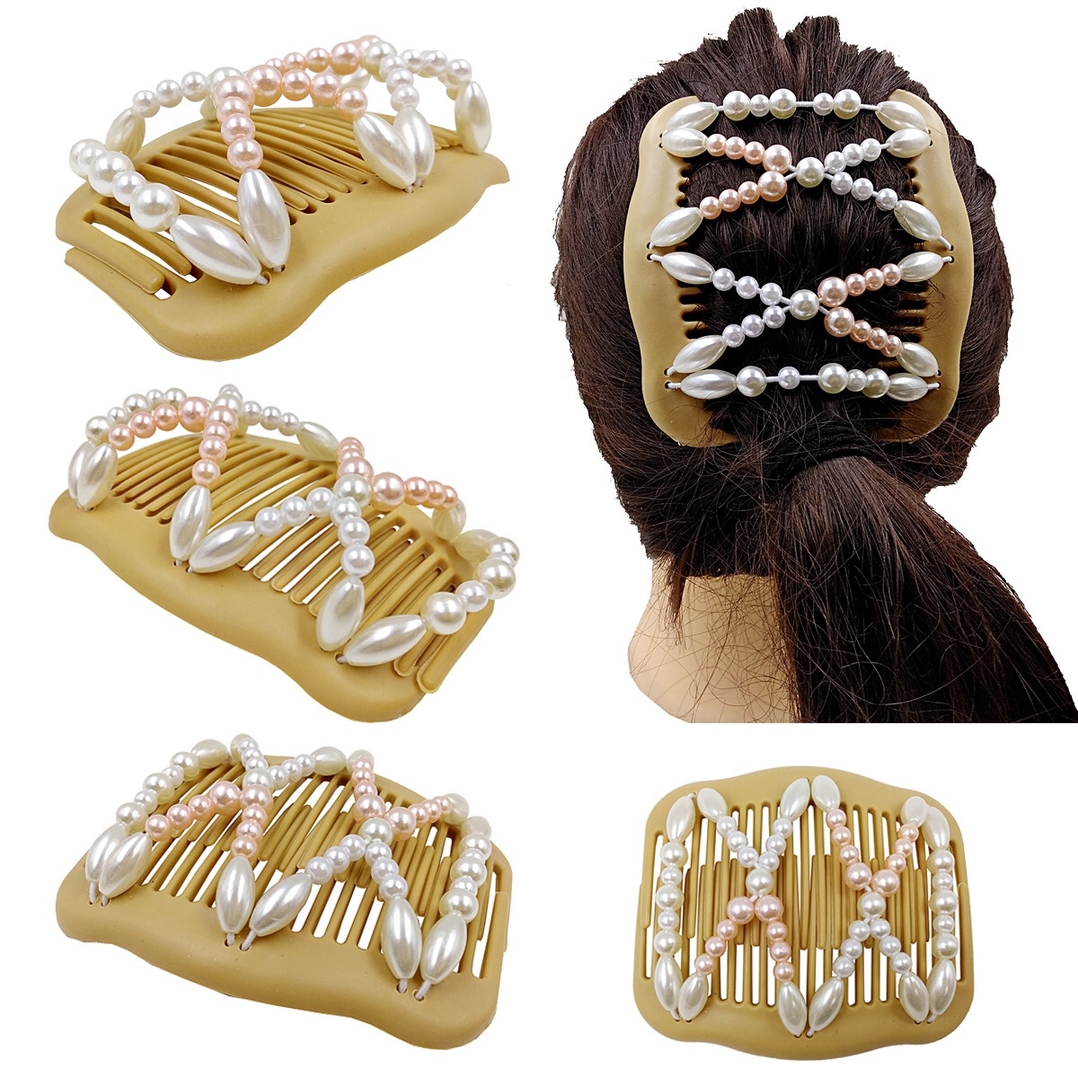 FLY15 European and American explosive wood bead magic hair comb fashion exquisite string pearl hair comb card hair tray thumbnail