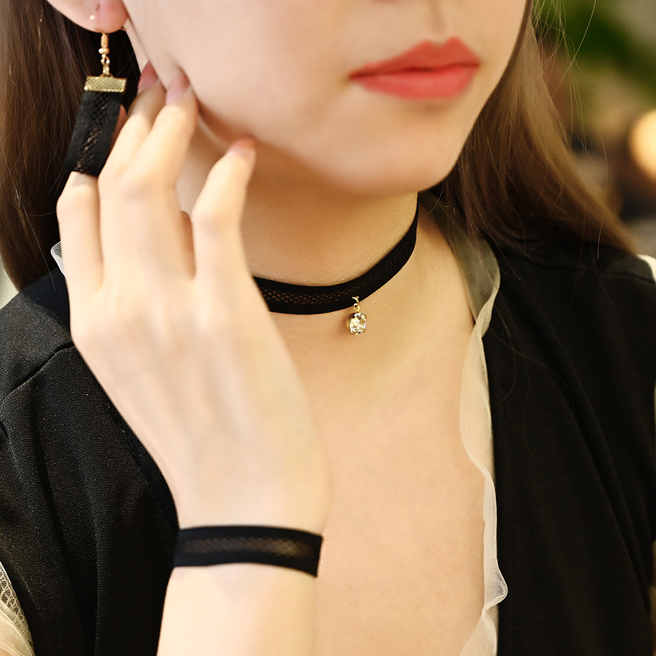 FLY25 style necklace, trendy female Internet celebrity neck chain choker, black collarbone chain, short neck chain, neck strap three-piece set detail image 1