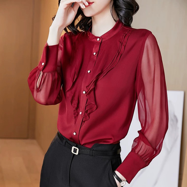 红色真丝衬衫 缎面桑蚕丝衬衣洋气百搭长袖上衣