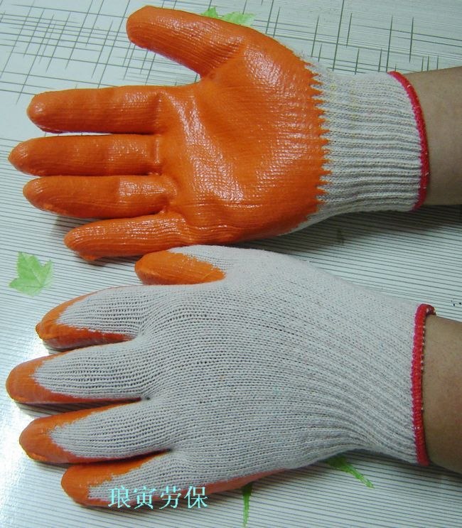 Labor protection gloves wear-resisting protection soak glue ten needle orange latex flat plate cotton yarn gloves thumbnail