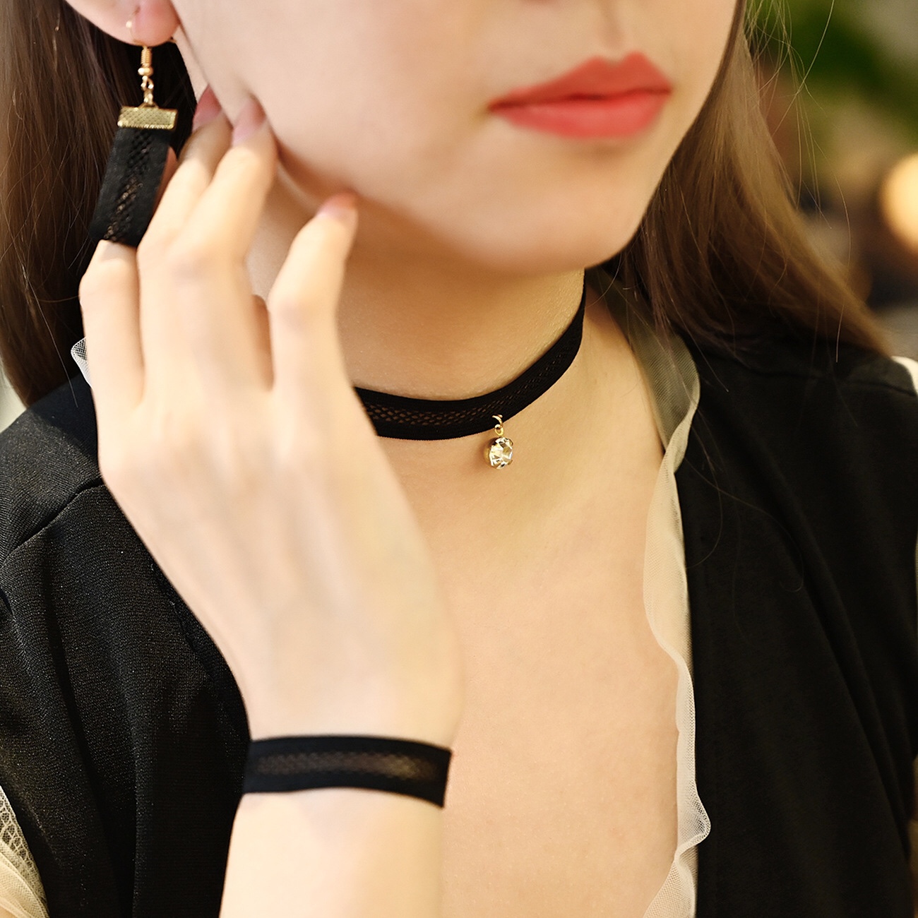 FLY25 style necklace, trendy female Internet celebrity neck chain choker, black collarbone chain, short neck chain, neck strap three-piece set