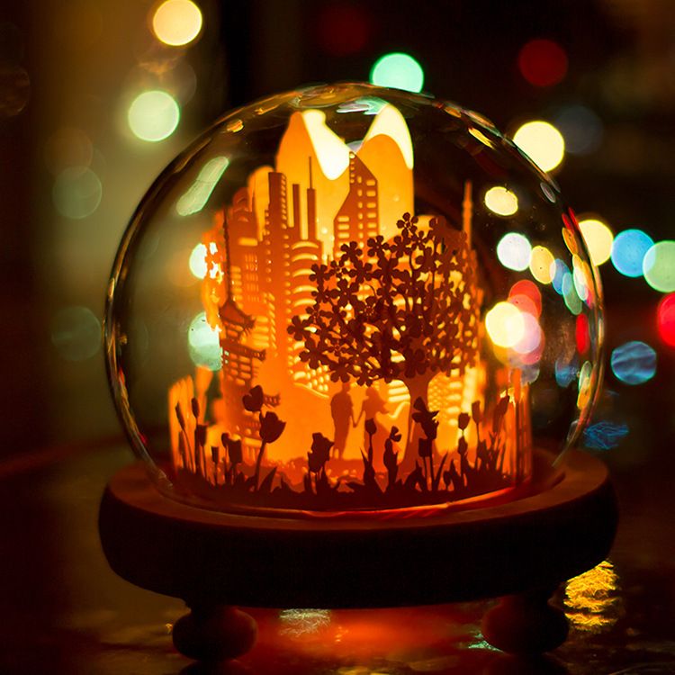 Paper carving lamp Gift creative romantic night lamp bedroom atmosphere lamp Cherry tree lovers three-dimensional light paper carving lamp customization