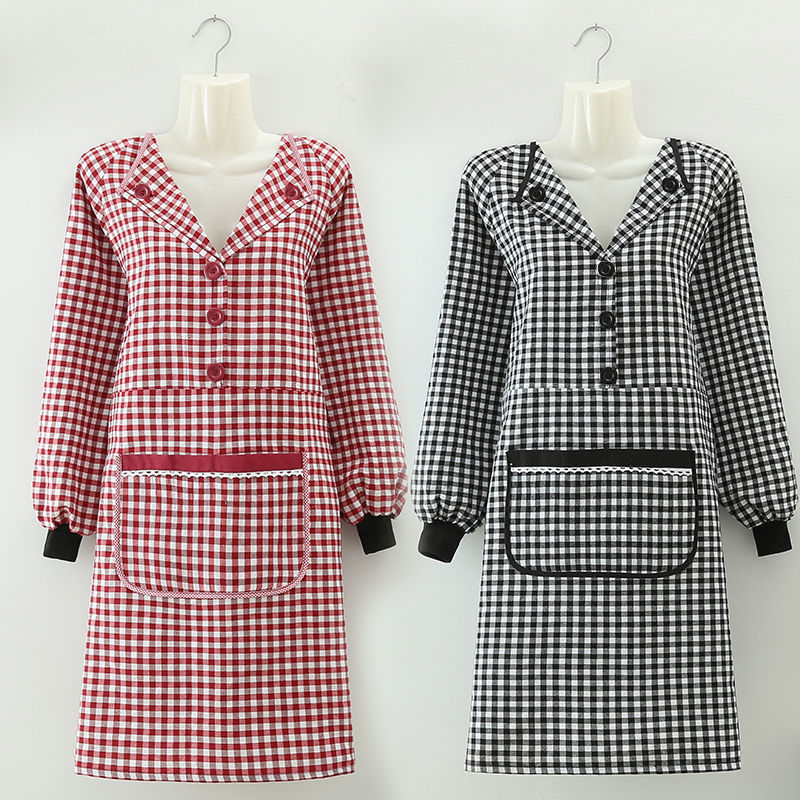 Overalls women work new long sleeve lapel apron Fashion kitchen home cooking work clothes pure cotton sleeves thumbnail