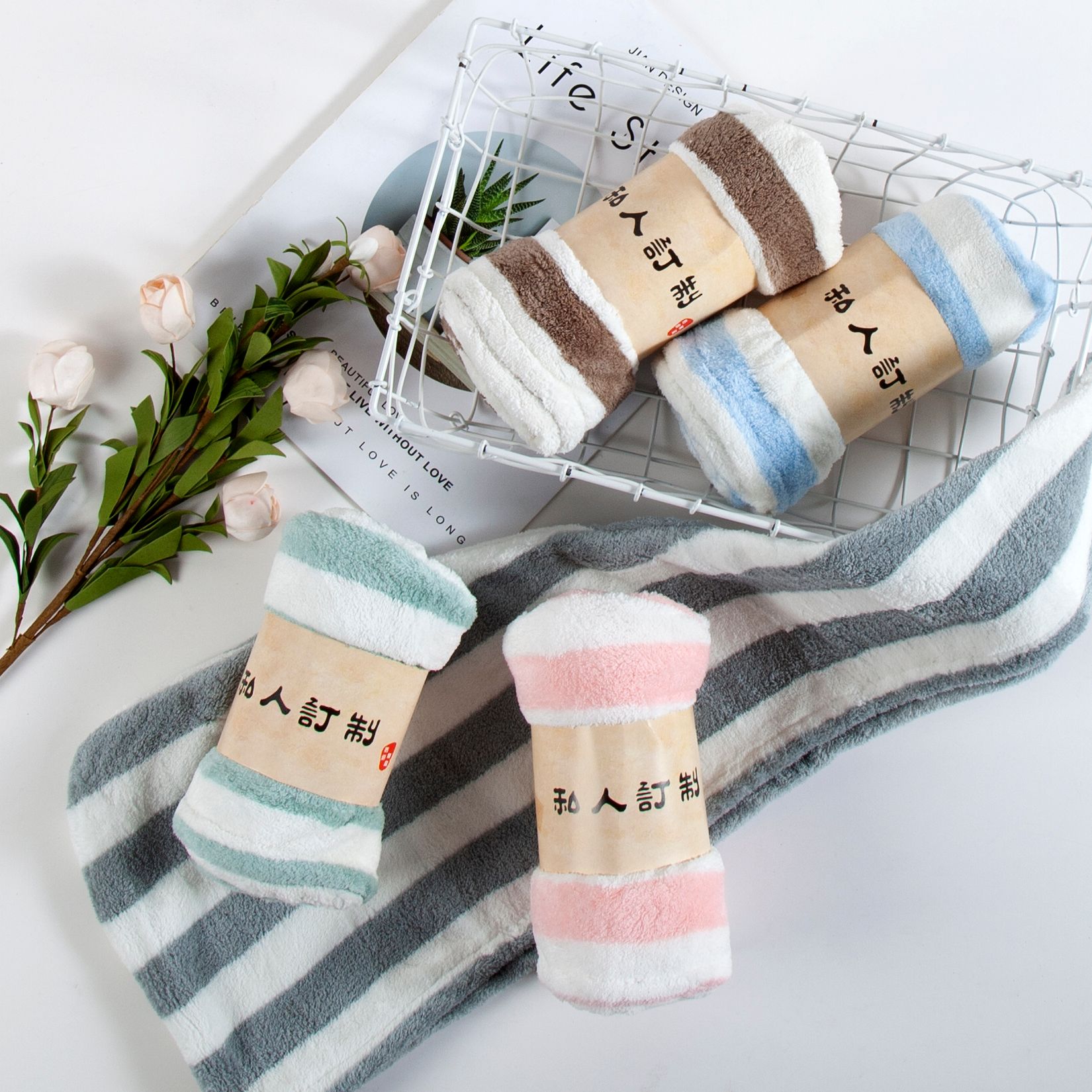 Coral fleece striped dry hair hat Specification image