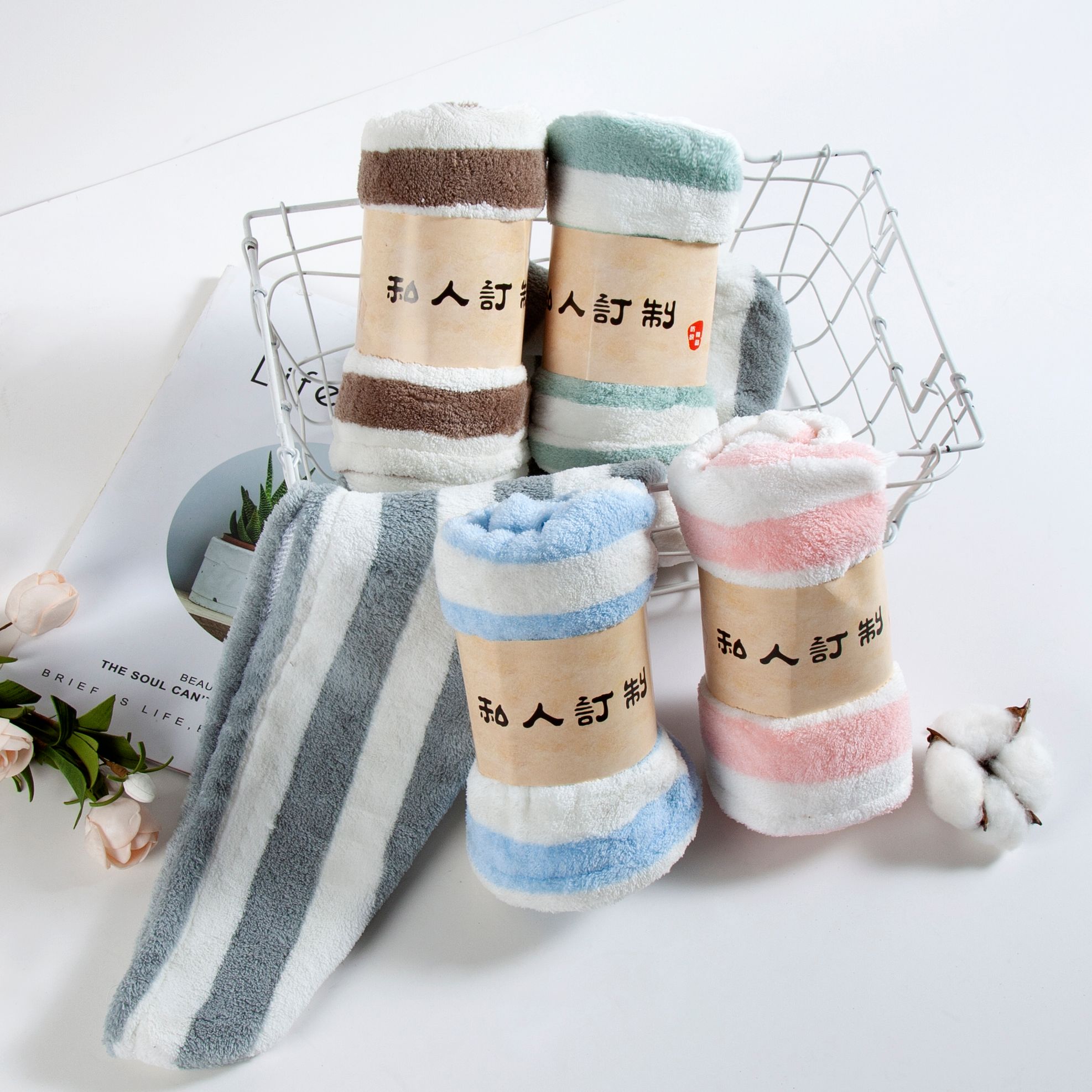 Coral fleece striped dry hair hat details Picture