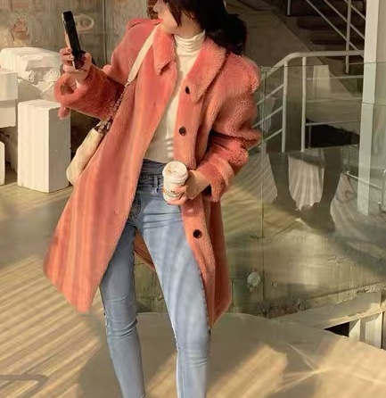 腰带皮草 100绵羊毛御寒外套 梅子色