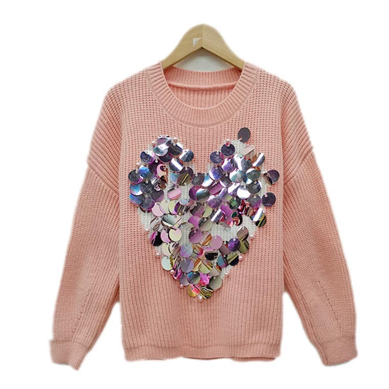 炫彩亮片爱心毛衣 粉