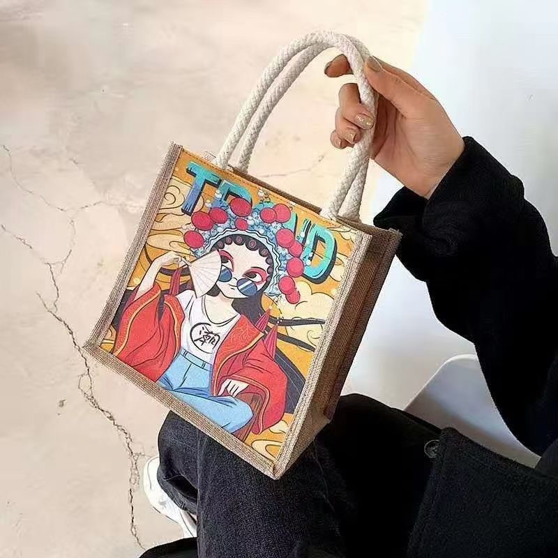 South Korean version of the new handheld size of 24*24*12cm, linen and jacquard casual collocation of a simple beauty, retro without loss of chic. thumbnail