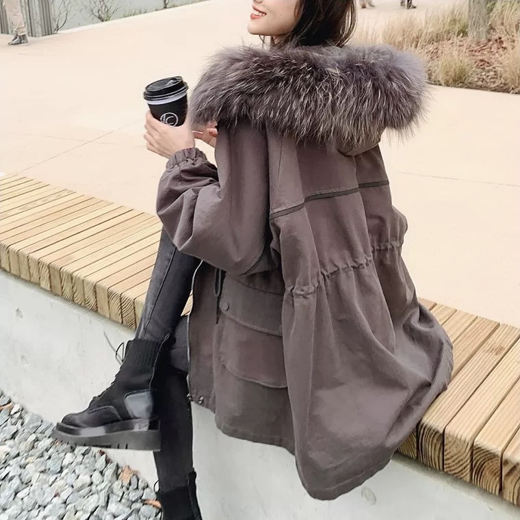腰抽绳仿兔毛内胆 大毛领派克服 灰