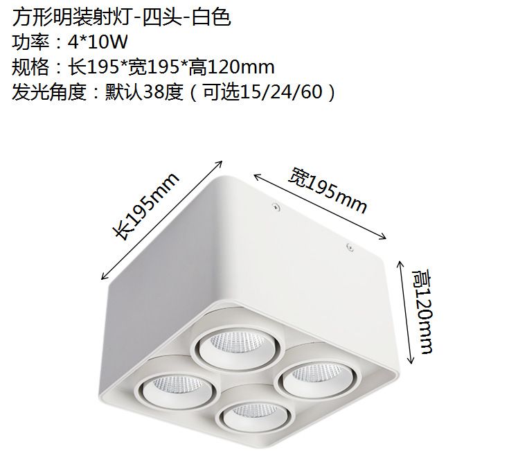 Four-Head Square Led Open-Mounted Downlight Double-Head Bladder Light Cob Spot Light Suction Ceiling No Main Light Lighting Living Room Single Head Grille Light Specification drawing