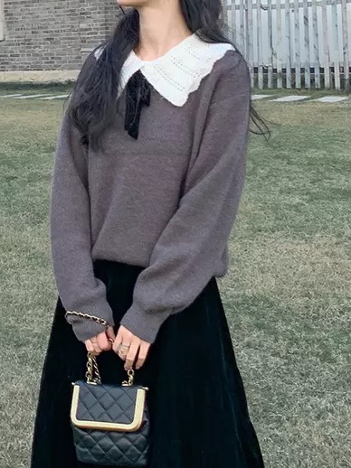 学院风秋季套头长袖毛衣女宽松慵懒娃娃领针织上衣