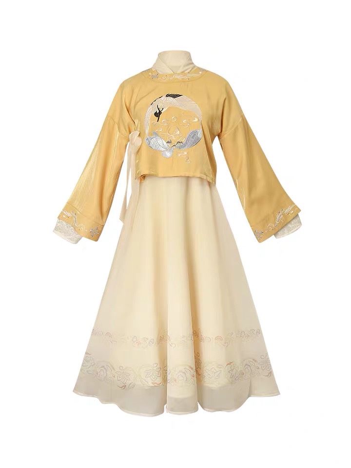 汉元素圆领短上衣交领绣花连衣裙