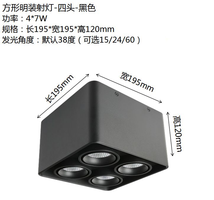 Black 4-Head Square Led Open-Mounted Downlight Double-Head Pit Light Cob Spot Light Ceiling-No Main Light Lighting Living Room Single Head Grille Light details Picture