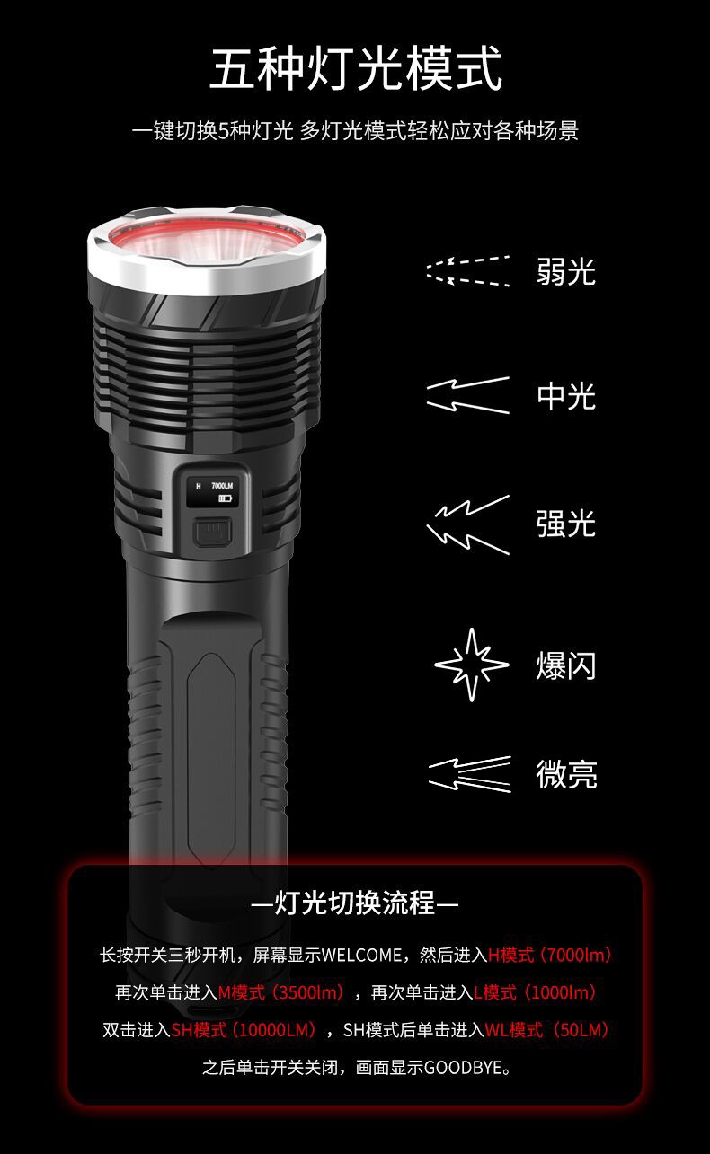 Ultra-bright and powerful flashlight, rechargeable long-range outdoor xenon lamp, high power, ultra-long battery life, 10,000 lumens detail image 5