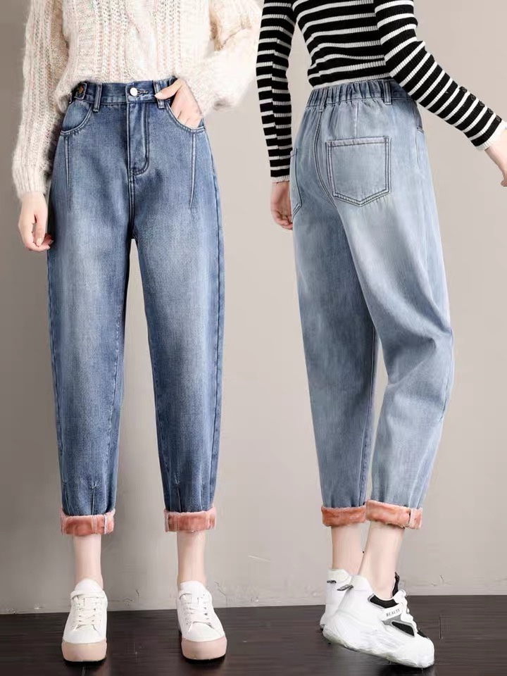 加绒牛仔裤女2020年新款秋冬季高腰加厚宽松哈伦外穿带绒老爹裤子