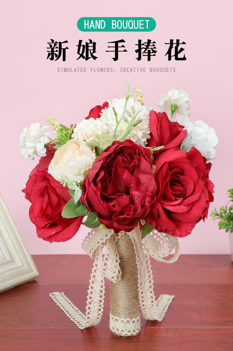 Chinese-style red bride's hand-held bouquet, simulated fresh wine, red velvet rose bouquet wedding photography detail image 7