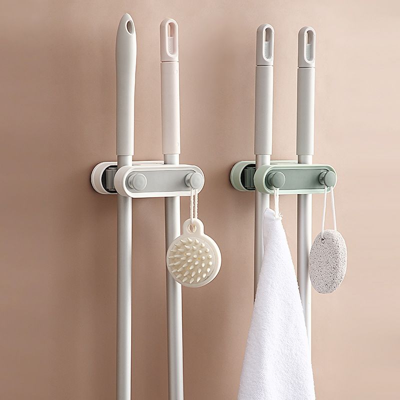 Multi-functional wall-mounted, no need for drilling, space-saving, double slots with 2 hooks, traceless mop clamp, toilet brush, broom slot full figure