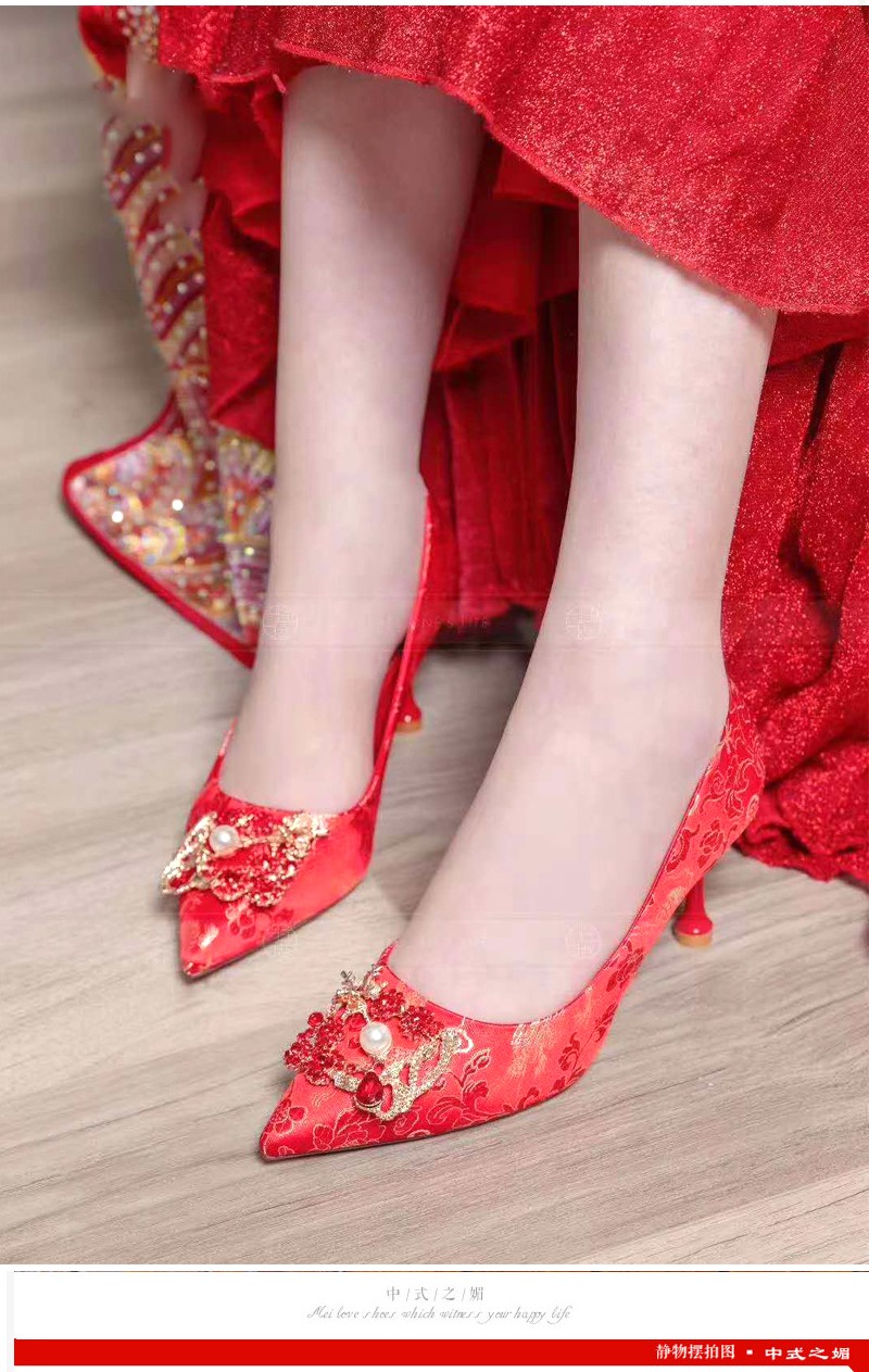 2020 Autumn And Winter New National Wind Water Diamond Dragon Phoenix Chengxiang Red Chinese Pointe High Heels Princess Bride Shoes undefined
