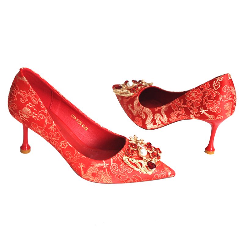 2020 Autumn And Winter New National Wind Water Diamond Dragon Phoenix Chengxiang Red Chinese Pointe High Heels Princess Bride Shoes Item Picture