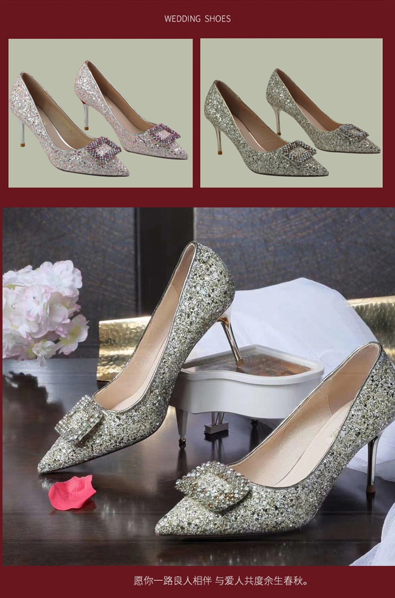 Crystal Sequin Wedding Shoes Women 2020 New Champagne Wedding Dress Two Bridal Shoes Evening Gown Pink Heels undefined