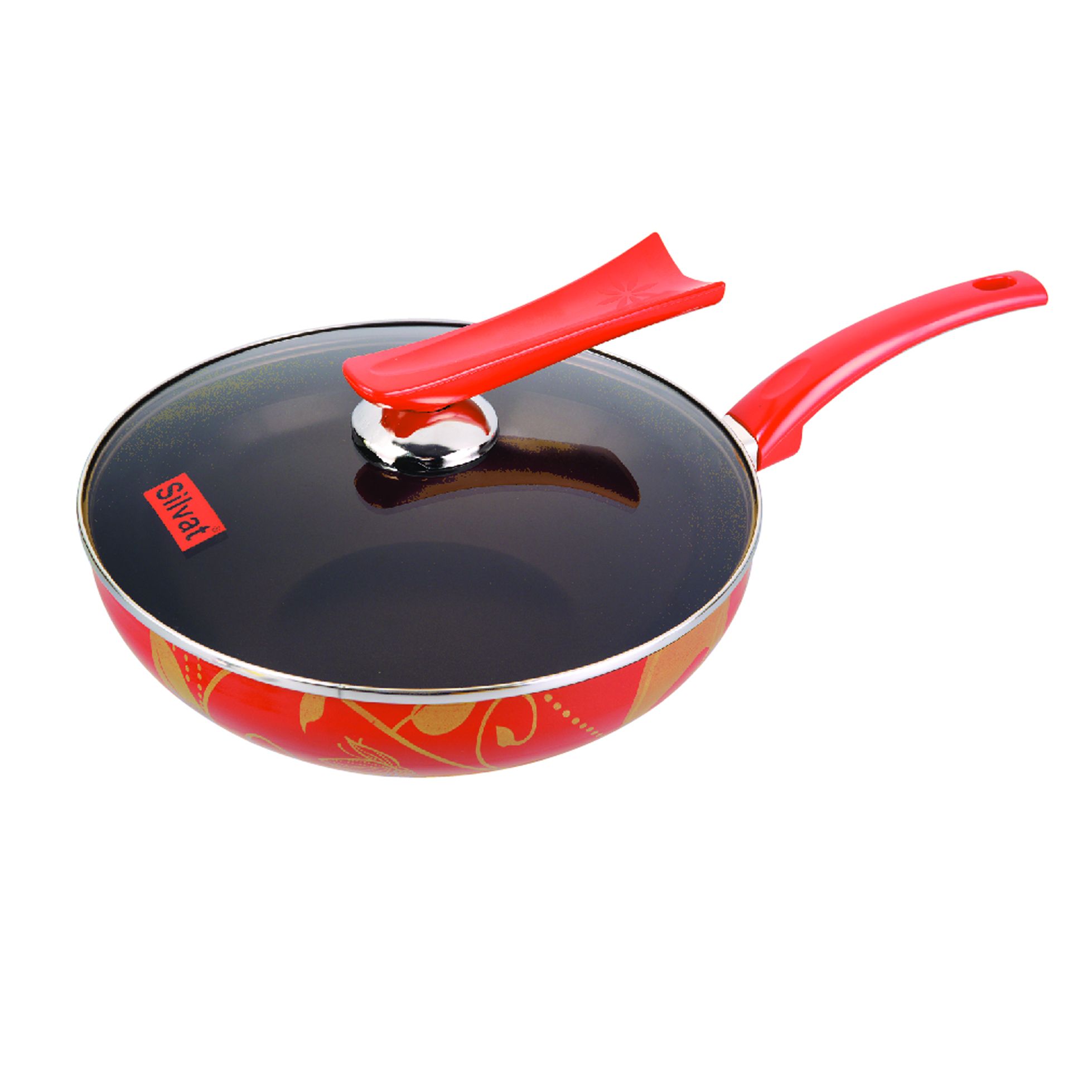 红色花纹不锈钢炒锅厨房炊具耐用多用锅家用炒菜锅具