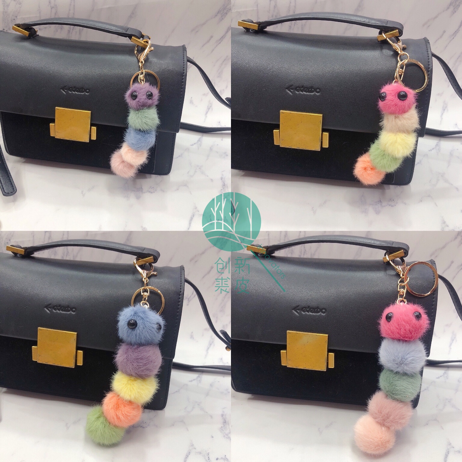 2020 creativo tendencia lindo caramelo color macaron color cartoon pelo bola de pelo orugas bolsa colgante llavero resina accesorios cerámica suave detail image 4