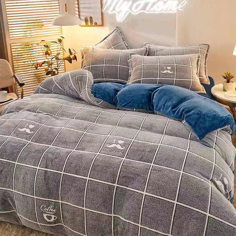 12.22 Live-streaming special snowflake and coral fleece thickened warm double-sided four-piece set with checkered pattern