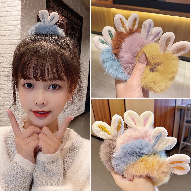 Autumn and winter plush hair strings, rabbit ear leather cases, furry hair bands, tie hair strings, popular minimalist girl ins headwear, rubber band accessories, alloy pendant accessories, resin accessories, pearl wrinkle beads details Picture