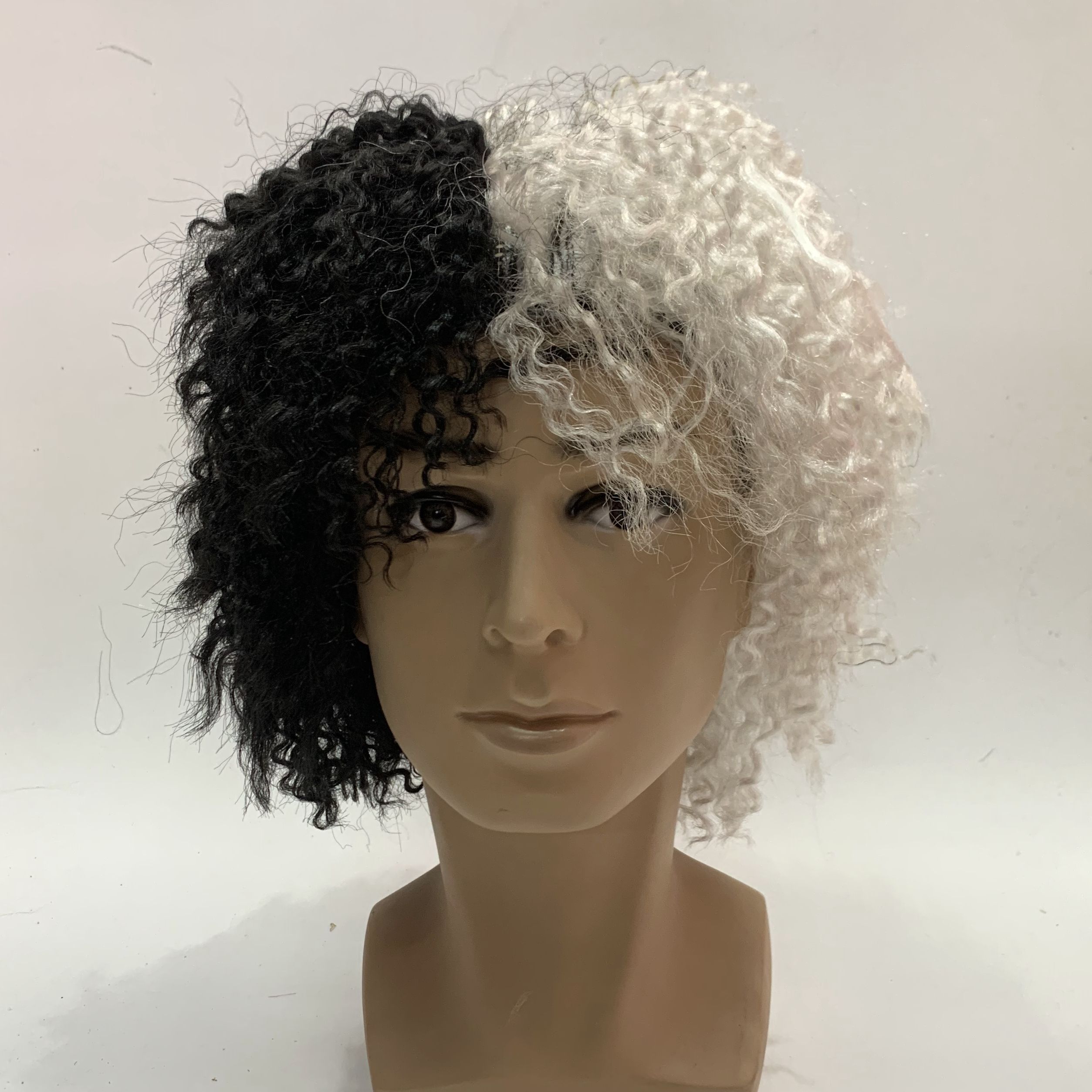 A black and white, short, curved, untidy beggar wig for foreign trade export