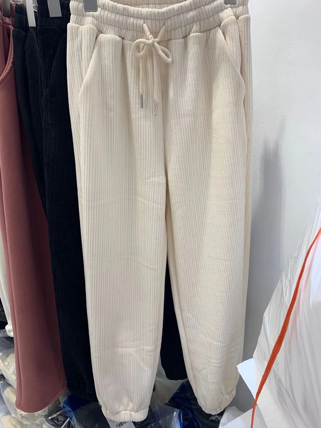 Winter new style fleece, thickened, loose, slimming, tight waist, corduroy, drawstring, nine-inch fleece casual sweatpants for women