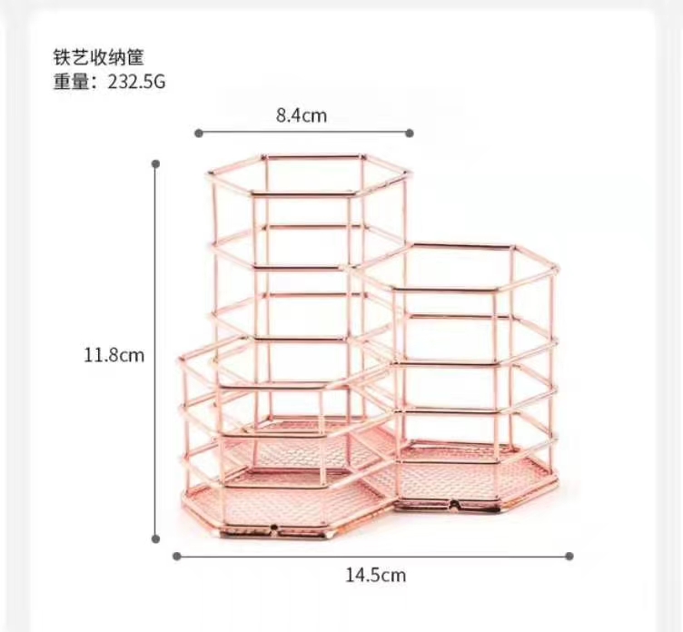铁艺六角组合笔筒 北欧风桌面金属收纳筒 化妆品玫瑰金蜂窝收纳筐详情图2