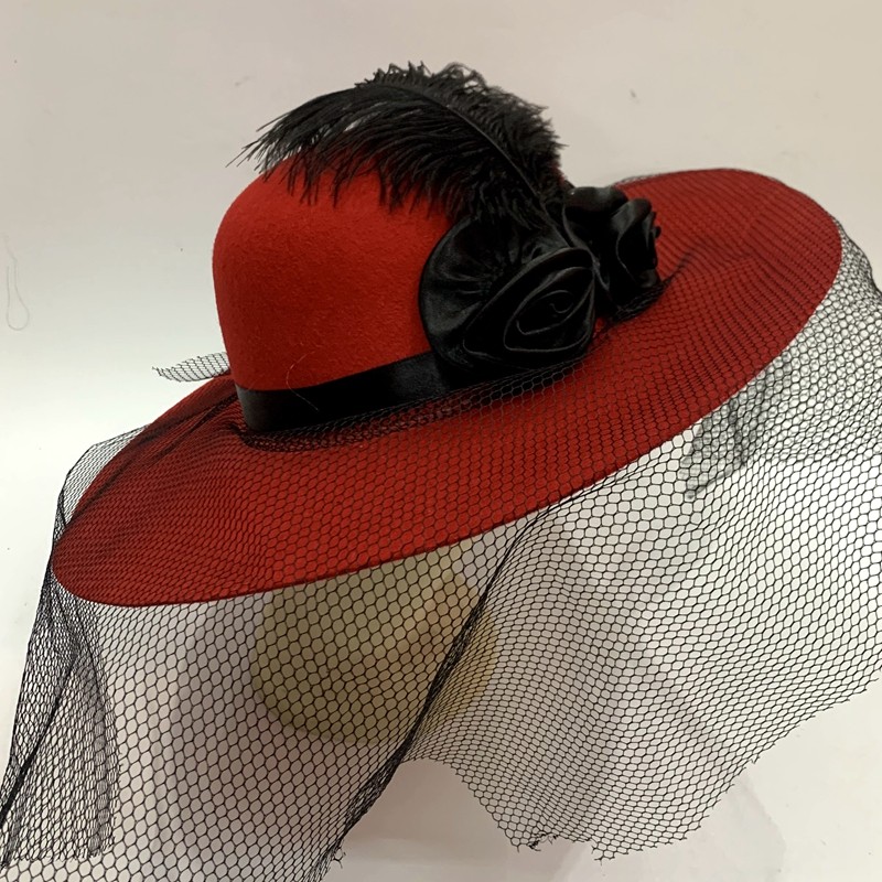 A lady's hat with feathers, two rose cloth flowers, a large brim covering the face detail image 3