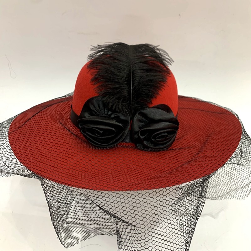 A lady's hat with feathers, two rose cloth flowers, a large brim covering the face detail image 2