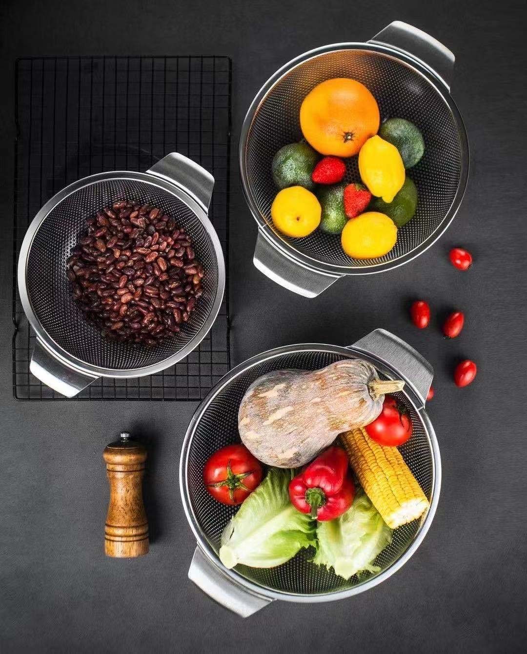Stainless Steel Vegetable And Fruit Basket With Ear Thickening And Deepening Drainer Stainless Steel Drainer Basket Specification drawing