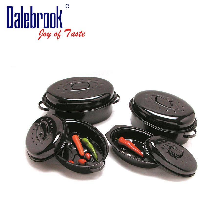 Anycook 2pcs Porcelain Enamelware BBQ Ceramic Cookware Chicken Turkey Oval Roaster Pan Groove Bottom Baking Pot