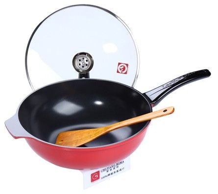 Red and green ceramic double-handled wok 32cm (lid not included, color available) Specification image