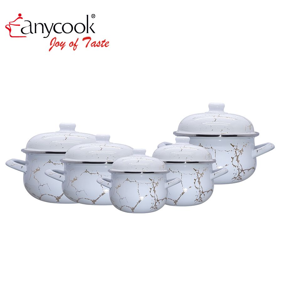Anycook 10pcs Enamelware Ceramic Classic Black and White with Gold Turkey Marble Cookware Set Porcelain Cooking Pot Enamel