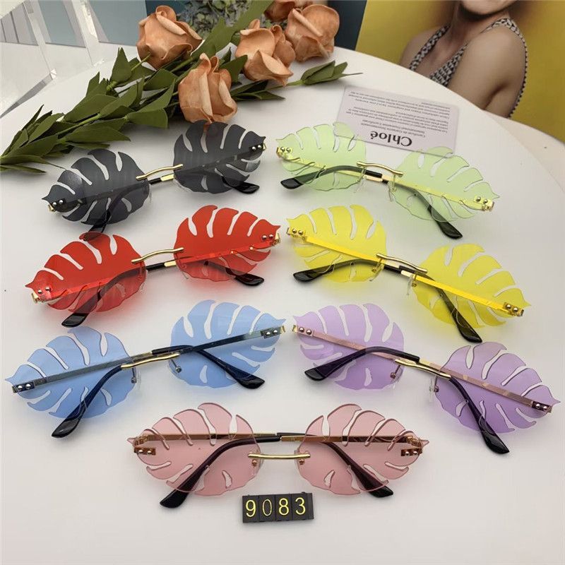 新款无框个性叶子太阳镜 女舞台走秀百搭搞怪网红无框墨镜白底实物图