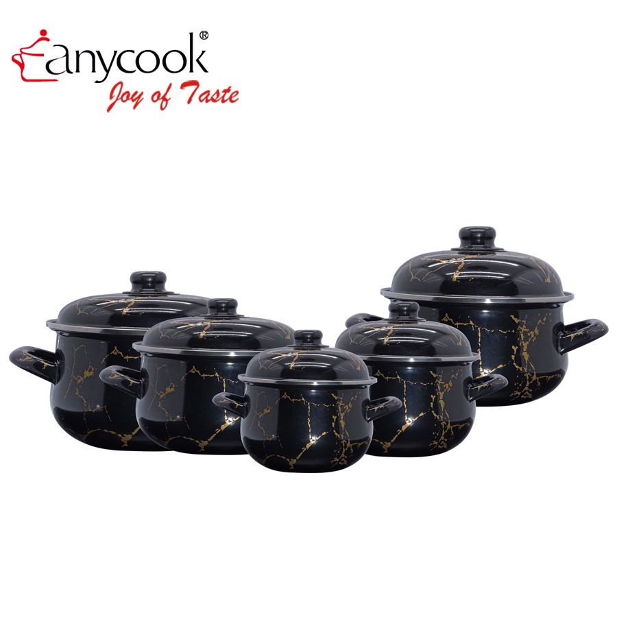 Anycook 10pcs Enamel Ceramic Classic Golden Turkey Marble Cookware Set Enamel Porcelain Cooking Pot