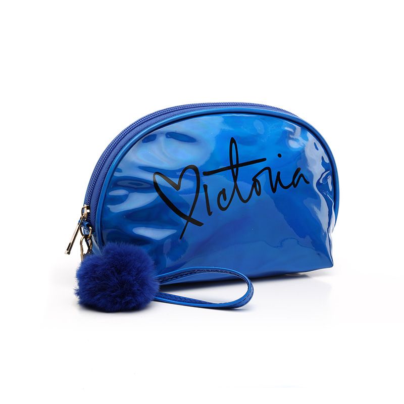 韩版毛球化妆包定制logo镭射半圆包防水炫彩手拿包pu化妆包产品图