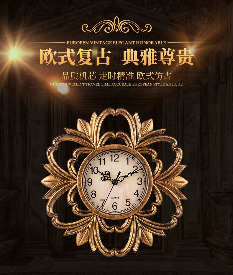 25cm 新款复古挂钟 塑料装饰壁钟 欧式创意树脂石英钟 跨境亚马逊热卖详情图1