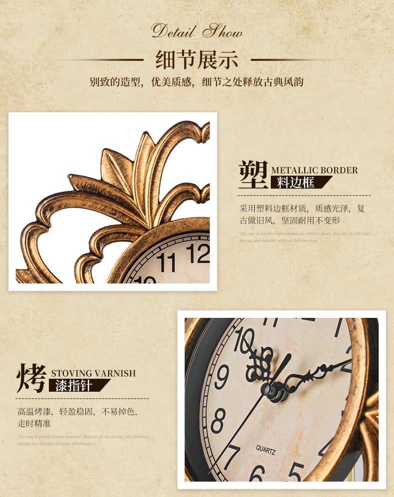 25cm 新款复古挂钟 塑料装饰壁钟 欧式创意树脂石英钟 跨境亚马逊热卖详情图9