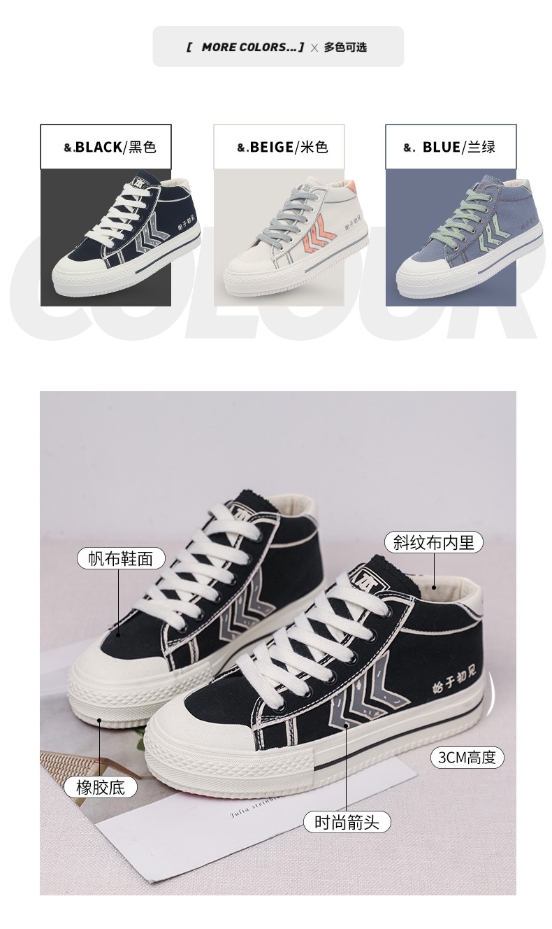 Humanistic 2722 canvas shoes for women, ulzzang, mid-top Korean thick-soled retro Hong Kong-style casual shoes, black trendy shoes, ins detail image 8