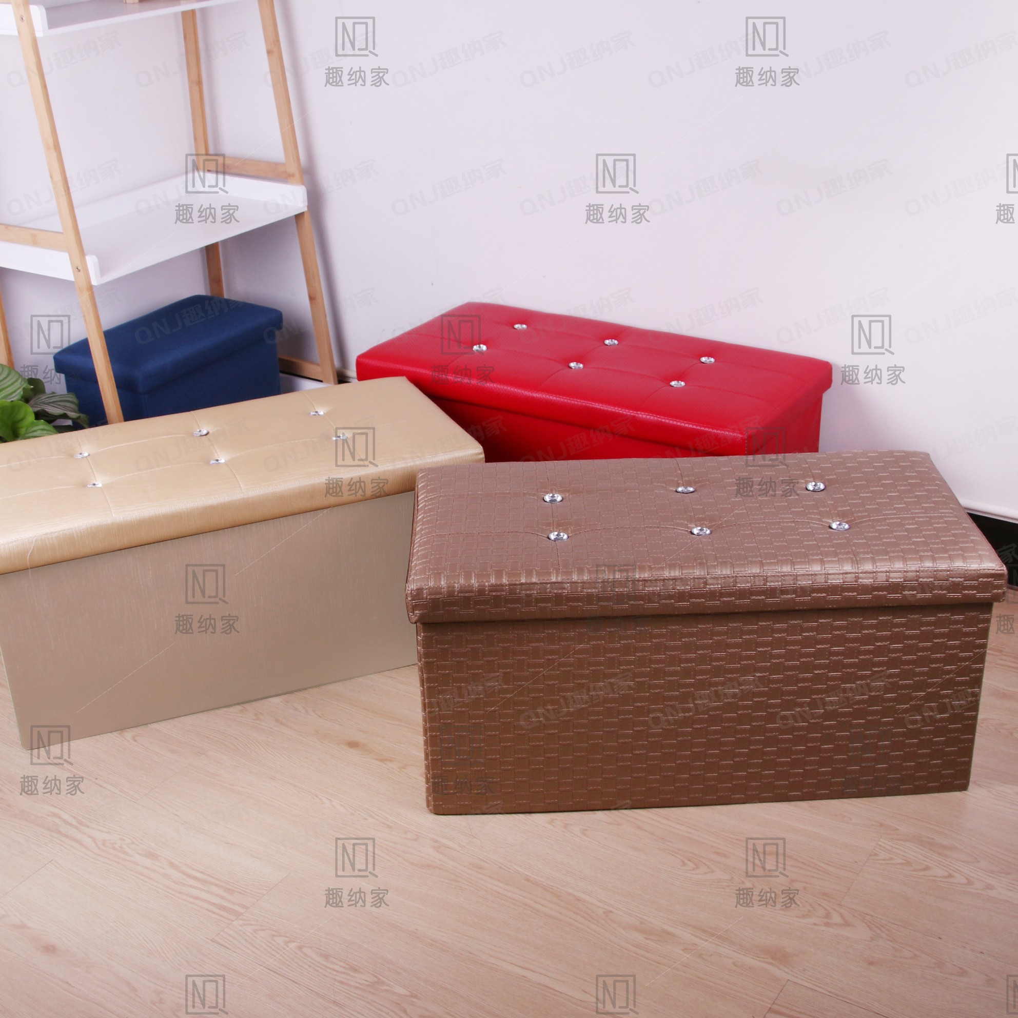 外贸热销皮质收纳凳折叠家用收纳箱水晶扣多功能储物凳置物凳可坐详情图1