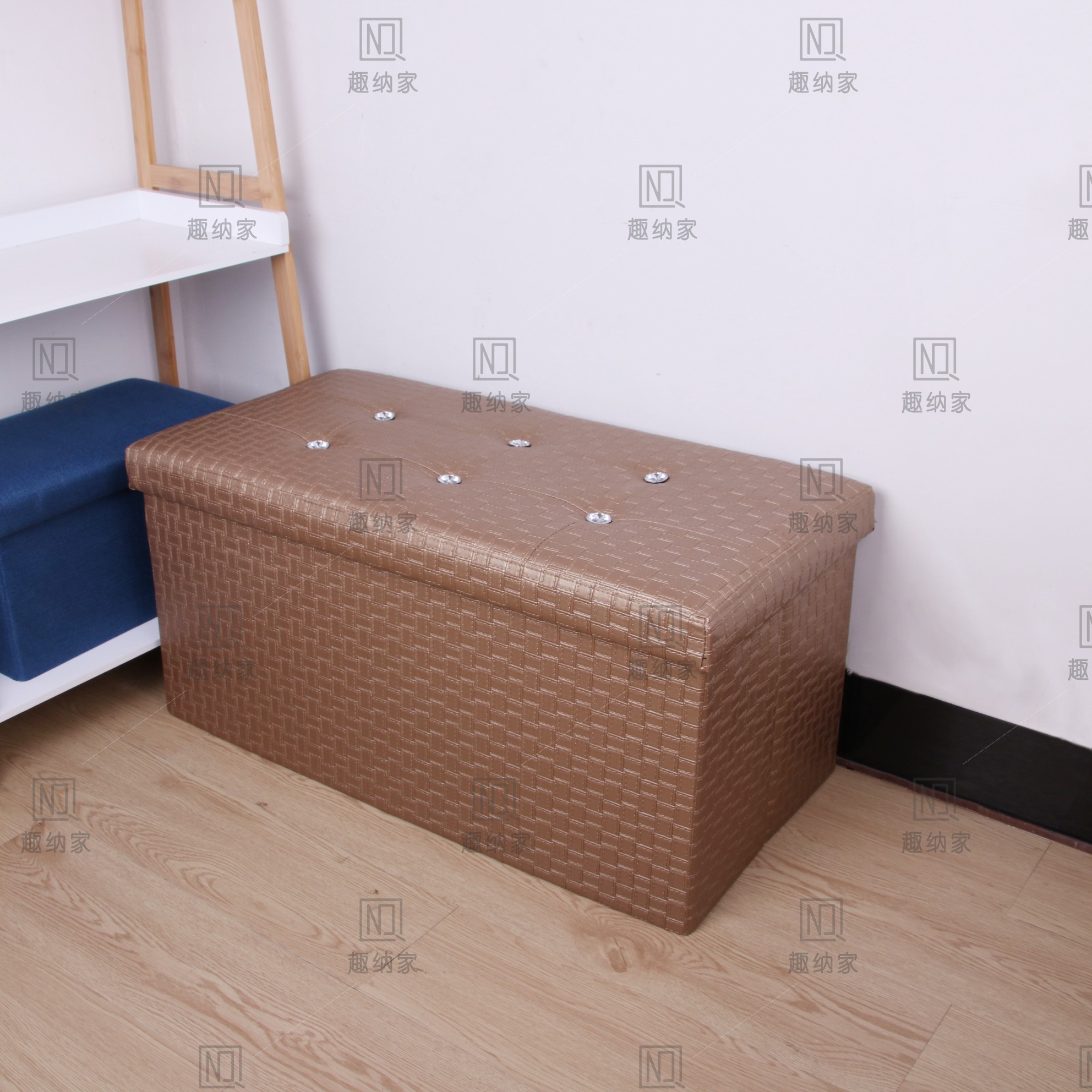 外贸热销皮质收纳凳折叠家用收纳箱水晶扣多功能储物凳置物凳可坐详情图2