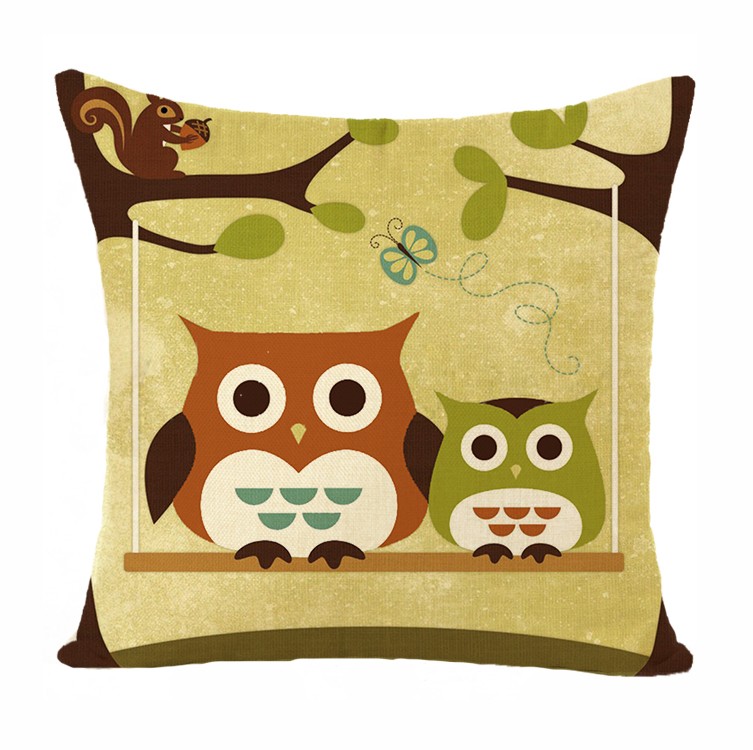新款亚麻 数码印花猫头鹰图案抱枕套 沙发客厅靠枕 不含芯 可定制详情图19