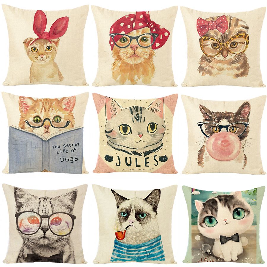 Cartoon lovely cat flax print pillowcase sofa living room cushion without core model bedhead pillow