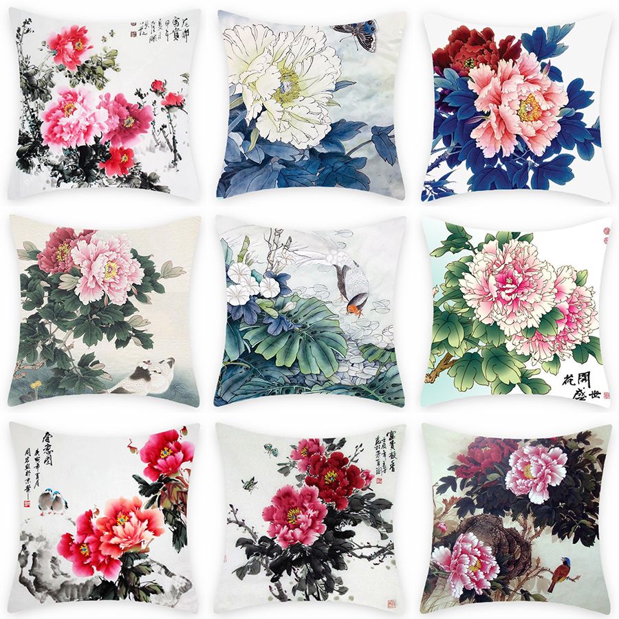 Chinese flower digital print pillowcase sofa office chair backrest bedroom  headrest car cushion thumbnail