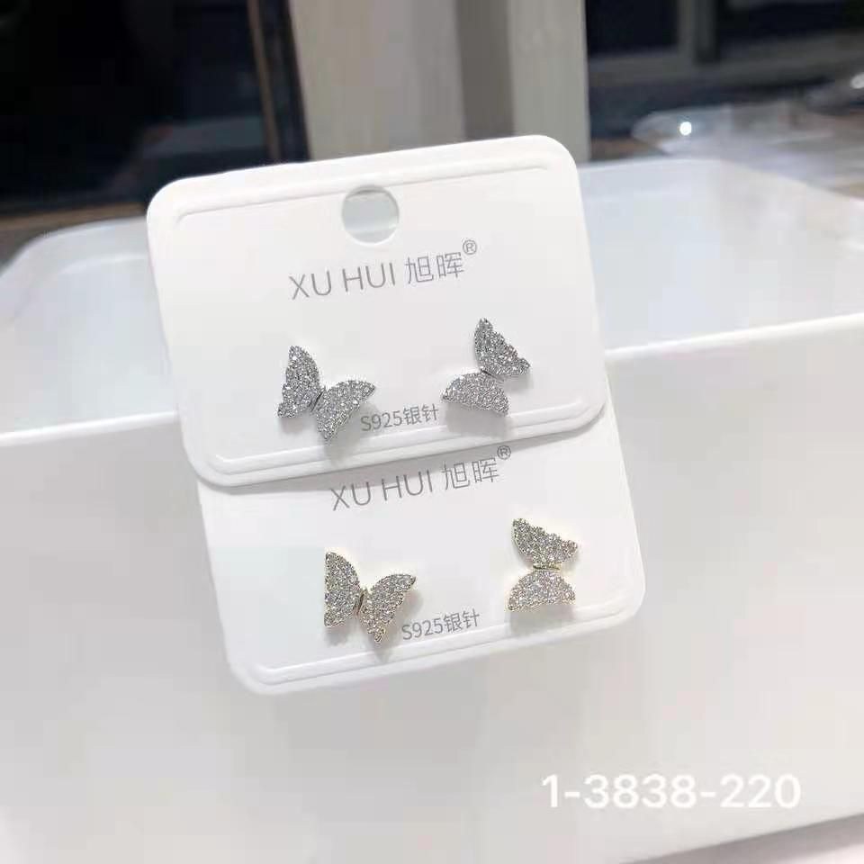 Butterfly S925 silver needle copper plated real gold inset 4A grade zircon temperament shiny earrings
